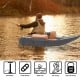 Inflatable fishing float tube in gray with storage pockets, fish ruler, and adjustable straps for easy carrying.