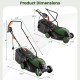 Adjustable electric lawn mower dimensions showing 13.5-inch cutting width and foldable handle for easy storage.