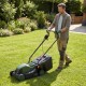Electric corded lawn mower with a 13.5-inch cutting width and 35L collection box, shown in use on a lawn.