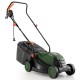 Electric corded lawn mower in green with a 13.5-inch cutting width and foldable handle for easy storage.