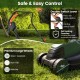 Close-up of the 12-AMP electric lawn mower's safety controls and large wheels, designed for easy maneuverability and.