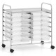 12-drawer rolling storage cart with transparent plastic drawers and metal frame, ideal for home and office organization.