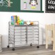Rolling storage cart with 12 transparent drawers, metal frame, and wheels, perfect for home or office organization.