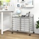 12-drawer rolling storage cart with transparent drawers, metal frame, and wheels for easy mobility in home or office.