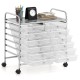 Rolling storage cart with 12 transparent drawers, metal frame, and wheels, ideal for home and office organization.