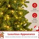 12 ft tall prelit artificial Christmas tree with 2536 PVC branch tips and 1030 warm white LED lights for festive charm.