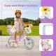 Colorful ribbons and a cute doll seat on a 12-inch girls bike, designed for children aged 3-4 years old.