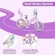 12-inch girls bike with doll seat, streamers, dual brake system, and removable training wheels for kids aged 3-4.