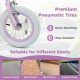 12-inch kids bike with adjustable seat, purple color, and wear-resistant pneumatic tires for various road surfaces.