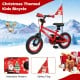 Christmas themed kids bicycle in red with adjustable seat, training wheels, and safety flag for ages 3-5 years old.