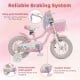 12-inch pink kids bike with adjustable seat, basket, streamers, and reliable handbrake for safe riding fun.