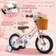 12-inch kids bike in pink with adjustable seat and handlebar, featuring a basket and training wheels for ages 3-8.