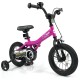 12-inch pink kids bike with removable training wheels, adjustable seat, handbrakes, and enclosed chain guard for safety.