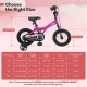 12-inch pink kids bike with removable training wheels, adjustable seat, and handbrakes for safe riding.