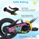 Close-up of the 12-inch kids bike's hand brake and rear coaster brake, featuring vibrant street art design for safe.