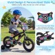 12-inch black kids bike with training wheels, featuring colorful monster graphics and a customizable number plate for.