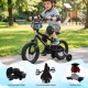Kids 12-inch bike in black with training wheels, adjustable seat, and safety features for outdoor fun and learning.