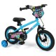 Blue 12-inch kids bike with training wheels, featuring bright monster graphics and adjustable seat for ages 3-8 years.