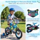 12-inch blue kids bike with training wheels, featuring bright monster graphics and a customizable number plate for ages.