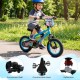 Blue 12-inch kids bike with training wheels, featuring a comfortable seat, bell, and reflectors for safety outdoors.