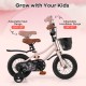 12-inch kids bike with adjustable seat and handlebars, dual brake system, and removable training wheels for ages 3-4.