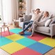 Multicolor interlocking EVA foam floor tiles provide non-slip comfort and joint protection for living rooms or home gyms.