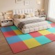 Colorful interlocking EVA foam floor tiles in red, blue, and yellow, providing non-slip protection for home gym or living room.
