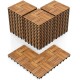 Acacia wood interlocking deck tiles in a stacked arrangement, waterproof design for outdoor flooring.