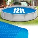 12ft round above ground swimming pool with a blue bubble cover, designed to retain heat and reduce debris.