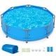 12ft round above ground swimming pool with a blue PE cover, designed to retain heat and reduce debris contamination.