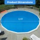 12 ft round pool cover displayed on a wooden deck, designed to prevent debris and retain solar heat for above-ground.