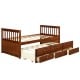 Twin Captain’s bed in walnut with pull-out trundle and three storage drawers for versatile sleeping and organization.
