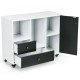 Lateral mobile filing cabinet in black and white with 2 drawers, 2 shelves, and rolling casters for versatile storage.