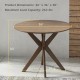 Round wood dining table with intersecting pedestal base, 36-inch diameter, sturdy design, ideal for home or café use.