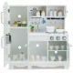 White kitchen pretend play cookware set with removable sink, featuring shelves and accessories for kids' imaginative.