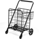 Heavy-duty black folding utility shopping cart with spacious baskets, 360° swivel wheels, and durable steel frame for.
