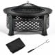 Outdoor fire pit with BBQ grill, high-temp finish, mesh cover, poker, and rain cover for backyard or patio use.