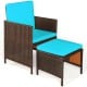 Cushioned patio chair and ottoman set in turquoise with PE wicker, ideal for outdoor dining and relaxation.