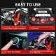 Jump starter air compressor with LED light, showing usage steps for connecting and starting a vehicle battery.