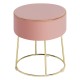 Round pink velvet footrest stool with gold metal frame, suitable for bedside use and versatile home decor.