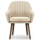 Beige fabric upholstered accent chair with wooden legs, featuring ergonomic armrests and a curved backrest for comfort.