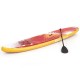 Inflatable stand-up paddle board with aluminum paddle, featuring a non-slip deck and bungee cords for water activities.