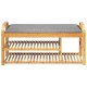 Bamboo shoe rack bench with cushion, featuring three tiers and ergonomic design, perfect for entryway or bedroom use.