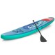 Inflatable 10-foot stand-up paddleboard with non-slip deck, aluminum paddle, and bungee cords for water activities.