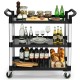 3-shelf utility service cart with aluminum frame, 490lbs capacity, featuring drinks, plates, and baked goods for.