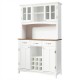 Wood buffet hutch cabinet in white with glass doors, 3 large drawers, and adjustable shelves for versatile storage.