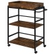 3-tier kitchen serving bar cart in rustic brown with lockable casters and handle rack, ideal for dining or patio use.