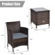 Rattan chair with gray cushion and coffee table, part of a 3-piece patio furniture set for outdoor relaxation.