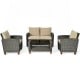 4-piece patio rattan furniture set with beige cushions, featuring a coffee table and comfortable seating for outdoor.