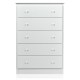 White 5-drawer dresser showing front view, featuring sturdy PB board construction and smooth surface for easy cleaning.